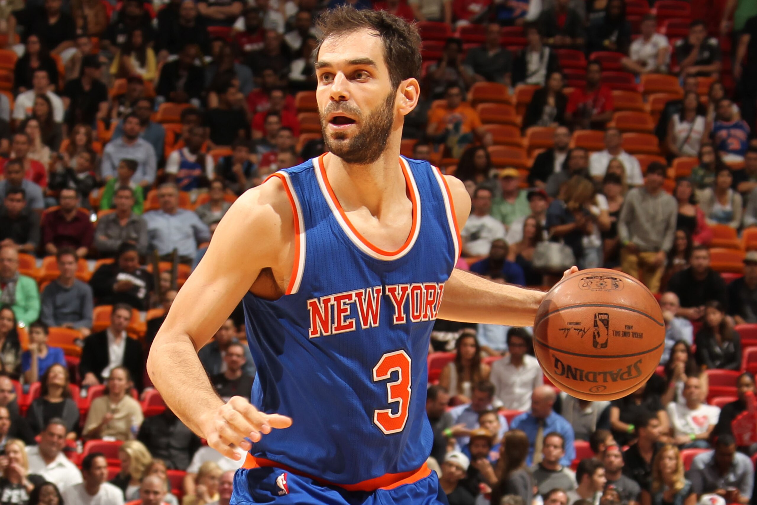 MIAMI, FL - FEBRUARY 9: Jose Calderon #3 of the New York Knicks handles the ball against the Miami Heat on February 9, 2015 at American Airlines Arena in Miami, Florida. NOTE TO USER: User expressly acknowledges and agrees that, by downloading and or using this Photograph, user is consenting to the terms and conditions of the Getty Images License Agreement. Mandatory Copyright Notice: Copyright 2015 NBAE (Photo by Isaac Baldizon/NBAE via Getty Images) MIAMI, FL - FEBRUARY 9: Jose Calderon #3 of the New York Knicks handles the ball against the Miami Heat on February 9, 2015 at American Airlines Arena in Miami, Florida. NOTE TO USER: User expressly acknowledges and agrees that, by downloading and or using this Photograph, user is consenting to the terms and conditions of the Getty Images License Agreement. Mandatory Copyright Notice: Copyright 2015 NBAE (Photo by Isaac Baldizon/NBAE via Getty Images)