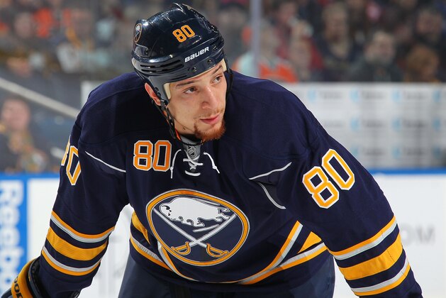 BUFFALO, NY - JANUARY 17: Chris Stewart #80 of the Buffalo Sabres prepares for a faceoff against the Philadelphia Flyers on January 17, 2015 at the First Niagara Center in Buffalo, New York.  (Photo by Bill Wippert/NHLI via Getty Images)