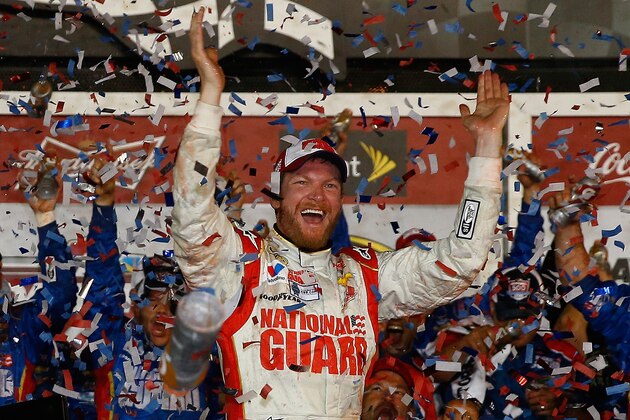 DAYTONA BEACH, FL - FEBRUARY 23:  Dale Earnhardt Jr., driver of the #88 National Guard Chevrolet, celebrates in Victory Lane after winning during the NASCAR Sprint Cup Series Daytona 500 at Daytona International Speedway on February 23, 2014 in Daytona Beach, Florida.  (Photo by Tom Pennington/Getty Images)
