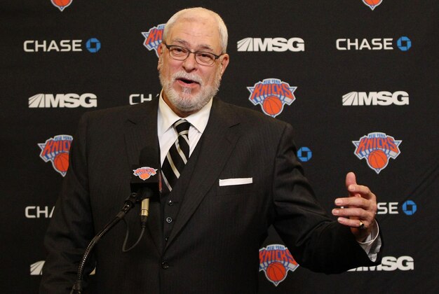 Jan 10, 2015; New York, NY, USA; New York Knicks president Phil Jackson addresses the media before the start of game against the Charlotte Hornets at Madison Square Garden. Mandatory Credit: Noah K. Murray-USA TODAY Sports
