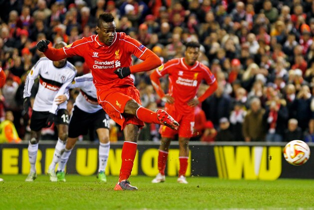 LIVERPOOL, ENGLAND - FEBRUARY 19:  Mario Balotelli of Liverpool scores the opening goal from the penalty spot during the UEFA Europa League Round of 32 match between Liverpool FC and Besiktas JK at Anfield on February 19, 2015 in Liverpool, United Kingdom.  (Photo by Julian Finney/Getty Images)