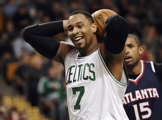 Boston Celtics’ Jared Sullinger reacts during the second half of an NBA basketball game against the Atlanta Hawks, Wednesday, Feb. 11, 2015, in Boston. The Celtics won 89-88. (AP Photo/Jessica Hill)