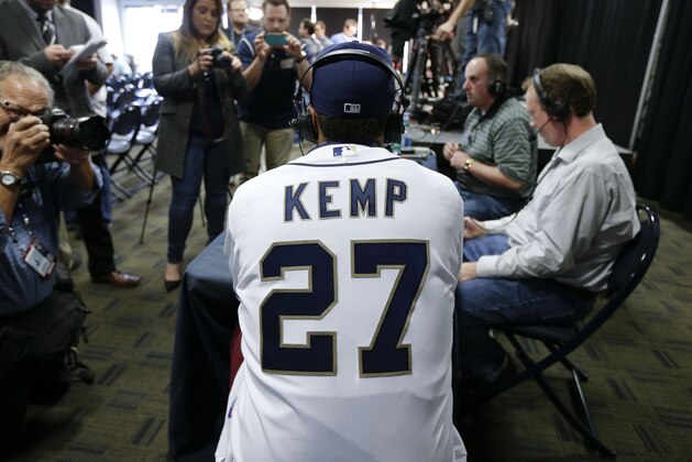 San Diego Padres outfielder Matt Kemp talks during a news conference introducing him as part of the baseball club Friday, Dec. 19, 2014, in San Diego. The Padres deal for the former the Los Angeles Dodger was the first of three big deals by new Padres general manager A.J. Preller, who also has added outfielder Wil Myers, the 2013 AL Rookie of the Year, from Tampa Bay and All-Star catcher Derek Norris from Oakland. (AP Photo/Gregory Bull)