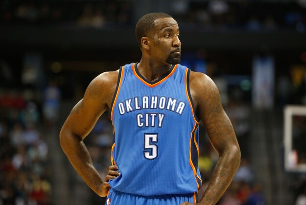 Feb 9, 2015; Denver, CO, USA; Oklahoma City Thunder center Kendrick Perkins (5) during the game against the Denver Nuggets at Pepsi Center. Mandatory Credit: Chris Humphreys-USA TODAY Sports