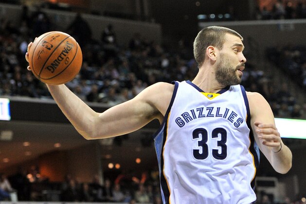 Memphis Grizzlies center Marc Gasol (33) plays in the first half of an NBA basketball game Tuesday, Feb. 10, 2015, in Memphis, Tenn. (AP Photo/Brandon Dill)
