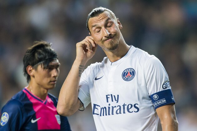 HONG KONG - JULY 29:  Zlatan Ibrahimovic of Paris Saint-Germain reacts during the friendly match between Kitchee and Paris Saint-Germain at Hong Kong Stadium on July 29, 2014 in Hong Kong, Hong Kong.  (Photo by Victor Fraile/Getty Images)
