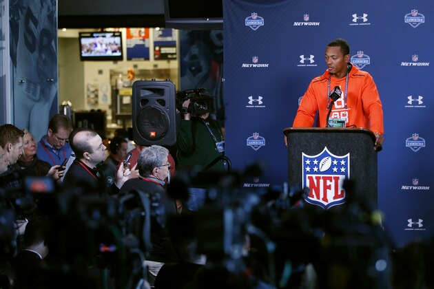 INDIANAPOLIS, IN - FEBRUARY 19: Quarterback Brett Hundley of UCLA speaks to the media during the 2015 NFL Scouting Combine at Lucas Oil Stadium on February 19, 2015 in Indianapolis, Indiana. (Photo by Joe Robbins/Getty Images)