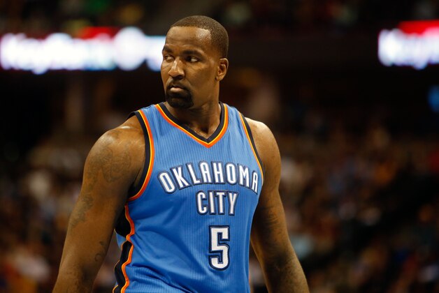 Feb 9, 2015; Denver, CO, USA; Oklahoma City Thunder center Kendrick Perkins (5) during the game against the Denver Nuggets at Pepsi Center. Mandatory Credit: Chris Humphreys-USA TODAY Sports Feb 9, 2015; Denver, CO, USA; Oklahoma City Thunder center Kendrick Perkins (5) during the game against the Denver Nuggets at Pepsi Center. Mandatory Credit: Chris Humphreys-USA TODAY Sports