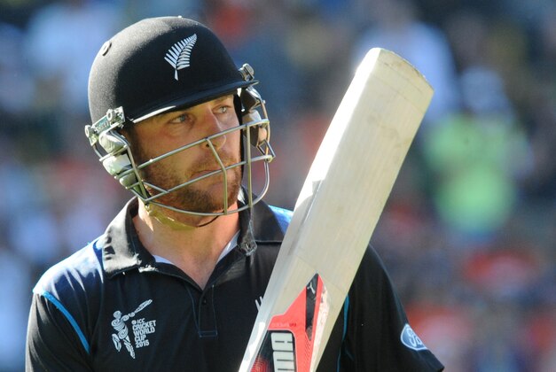 New Zealand batsman Brendon McCullum waves his bat as he leaves the field after he was dismissed for 77 runs during their Cricket World Cup match against England in Wellington, New Zealand, Friday Feb. 20, 2015. (AP Photo/Ross Setford)