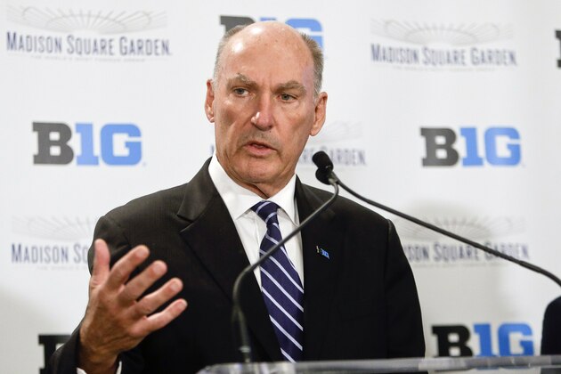 Jim Delany, Commissioner of the Big Ten Conference speaks during a news conference to announce a partnership with Madison Square Garden Tuesday, Dec. 9, 2014, in New York.  (AP Photo/Frank Franklin II)