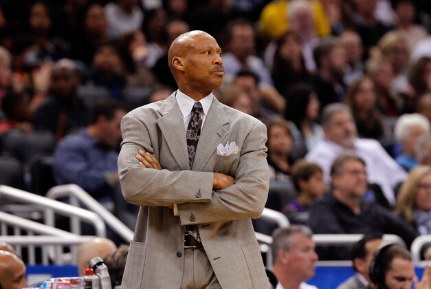 Feb 6, 2015; Orlando, FL, USA; Los Angeles Lakers head coach Byron Scott against the Orlando Magic during the second quarter at Amway Center. Mandatory Credit: Kim Klement-USA TODAY Sports