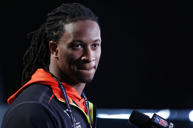 INDIANAPOLIS, IN - FEBRUARY 19: Running back Todd Gurley of Georgia speaks to the media during the 2015 NFL Scouting Combine at Lucas Oil Stadium on February 19, 2015 in Indianapolis, Indiana. (Photo by Joe Robbins/Getty Images)