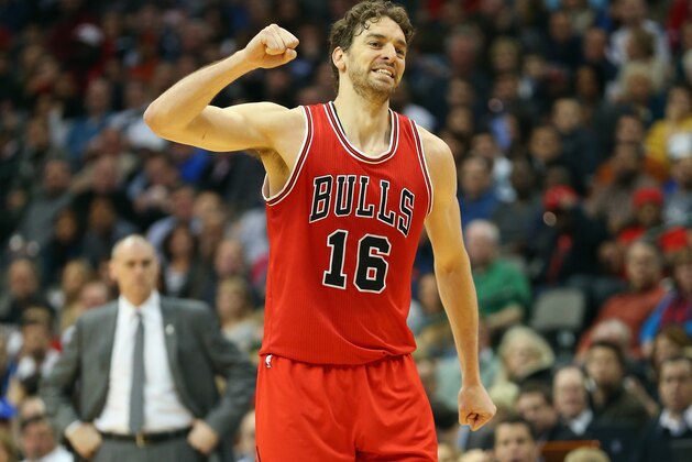 DALLAS, TX - JANUARY 23:  Pau Gasol #16 of the Chicago Bulls reacts against the Dallas Mavericks at American Airlines Center on January 23, 2015 in Dallas, Texas.  NOTE TO USER: User expressly acknowledges and agrees that, by downloading and or using this photograph, User is consenting to the terms and conditions of the Getty Images License Agreement.  (Photo by Ronald Martinez/Getty Images)