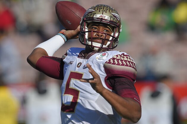 In this Jan. 1, 2015 file photo, Florida State quarterback Jameis Winston passes against Oregon during the first half of the Rose Bowl NCAA college football playoff semifinal, in Pasadena, Calif. Winston declared himself eligible for the NFL draft Wednesday, Jan. 7, 2015,  the same day the woman who accused him of rape filed a lawsuit against the university saying it failed to properly investigate her allegations.(AP Photo/Mark J. Terrill, File)