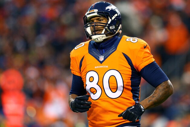 Jan 11, 2015; Denver, CO, USA; Denver Broncos tight end Julius Thomas (80) against the Indianapolis Colts in the 2014 AFC Divisional playoff football game at Sports Authority Field at Mile High. The Colts defeated the Broncos 24-13. Mandatory Credit: Mark J. Rebilas-USA TODAY Sports