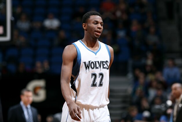 MINNEAPOLIS, MN - FEBRUARY 6: Andrew Wiggins #22 of the Minnesota Timberwolves stands on the court during a game against the Memphis Grizzlies on February 6, 2015 at Target Center in Minneapolis, Minnesota. NOTE TO USER: User expressly acknowledges and agrees that, by downloading and or using this Photograph, user is consenting to the terms and conditions of the Getty Images License Agreement. Mandatory Copyright Notice: Copyright 2015 NBAE (Photo by David Sherman/NBAE via Getty Images)