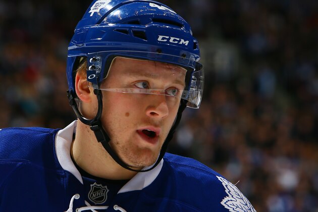 TORONTO, ON - NOVEMBER 18:  Morgan Rielly #44 of the Toronto Maple Leafs looks up ice against the Nashville Predators during NHL game action November 18, 2014 at the Air Canada Centre in Toronto, Ontario, Canada. (Photo by Graig Abel/NHLI via Getty Images)