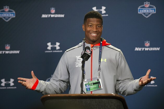 Florida State quarterback Jameis Winston talks with the media during a news conference at the NFL football scouting combine at Lucas Oil Stadium in Indianapolis, Friday, Feb. 20, 2015. (AP Photo/Doug McSchooler)