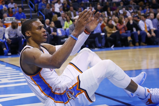 Oklahoma City Thunder guard Russell Westbrook (0) during an NBA basketball game between the Dallas Mavericks and the Oklahoma City Thunder in Oklahoma City, Friday, Feb. 20, 2015. Oklahoma City won 104-89. (AP Photo/Sue Ogrocki)