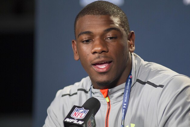 Feb 19, 2015;  Indianapolis, IN, USA; Michigan wide receiver Devin Funchess speaks to the media at the 2015 NFL Combine at Lucas Oil Stadium. Mandatory Credit: Trevor Ruszkowski-USA TODAY Sports