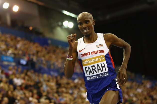 BIRMINGHAM, ENGLAND - FEBRUARY 21:  Mo Farah of Great Britain and Northern Ireland on his way to winning the MenÂs 2 Miles final during the Sainsbury's Indoor Grand Prix at Barclaycard Arena on February 21, 2015 in Birmingham, England.  (Photo by Richard Heathcote/Getty Images)