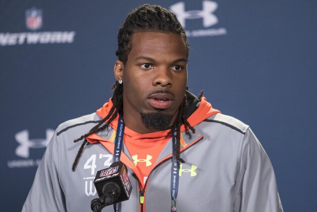 Feb 20, 2015; Indianapolis, IN, West Virginia wide receiver Kevin White speaks to the media at the 2015 NFL Combine at Lucas Oil Stadium. Mandatory Credit: Trevor Ruszkowski-USA TODAY Sports