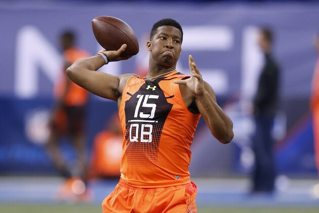 INDIANAPOLIS, IN - FEBRUARY 21: Quarterback Jameis Winston of Florida State throws a pass during the 2015 NFL Scouting Combine at Lucas Oil Stadium on February 21, 2015 in Indianapolis, Indiana. (Photo by Joe Robbins/Getty Images)
