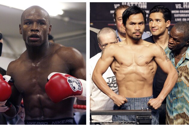FILE - In this combination of file photos, Floyd Mayweather Jr., left, prepares to spar at a gym in east London on May 22, 2009, and Manny Pacquiao, right, of the Philippines, weighs in for the junior welterweight boxing match against British boxer Ricky Hatton, May 1, 2009, in Las Vegas. Floyd Mayweather Jr. will meet Manny Pacquiao on May 2, 2015 in a welterweight showdown that will be boxing's richest fight ever. Mayweather himself announced the bout Friday, Feb. 20, 2015 after months of negotiations, posting a picture of the signed contract online. (AP Photos/Alastair Grant and Rick Bowmer, File)