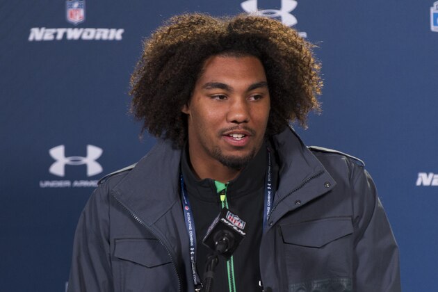 USC defensive lineman Leonard Williams talks with reporters during a news conference at the NFL football scouting combine at Lucas Oil Stadium in Indianapolis, Friday, Feb. 20, 2015. (AP Photo/Doug McSchooler)