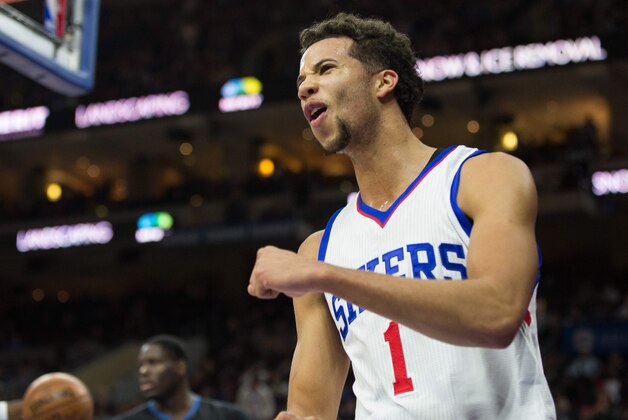 Jan 30, 2015; Philadelphia, PA, USA; Philadelphia 76ers guard Michael Carter-Williams (1) reacts after scoring against the Minnesota Timberwolves as time ran out in the second quarter at Wells Fargo Center. Mandatory Credit: Bill Streicher-USA TODAY Sports