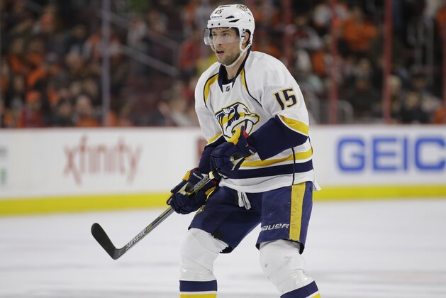 Nashville Predators' Craig Smith in action during an NHL hockey game against the Philadelphia Flyers, Saturday, Feb. 21, 2015, in Philadelphia. (AP Photo/Matt Slocum)