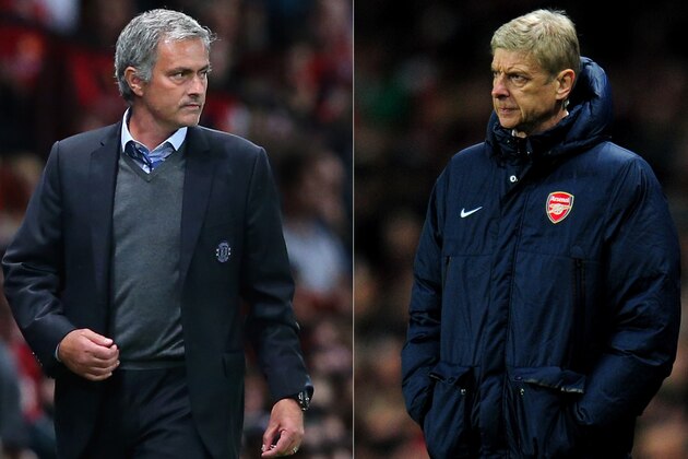 (FILE PHOTO - EDITORS NOTE: COMPOSITE OF TWO IMAGES - Image Numbers 177996036 (L) and 452339145) In this composite image a comparison has been made between Chelsea Manager Jose Mourinho (L) and Arsenal Manager Arsene Wenger. The Premier League match between Arsenal and Chelsea takes place on December 23, 2013 at the Emirates Stadium, London, England. ***LEFT IMAGE*** MANCHESTER, ENGLAND - AUGUST 26: Chelsea Manager Jose Mourinho looks on during the Barclays Premier League match between Manchester United and Chelsea at Old Trafford on August 26, 2013 in Manchester, England. (Photo by Alex Livesey/Getty Images) ***RIGHT IMAGE*** LONDON, ENGLAND - NOVEMBER 26: Manager Arsene Wenger of Arsenal looks on during the UEFA Champions League Group F match between Arsenal and Olympique de Marseille at Emirates Stadium on November 26, 2013 in London, England. (Photo by Shaun Botterill/Getty Images)