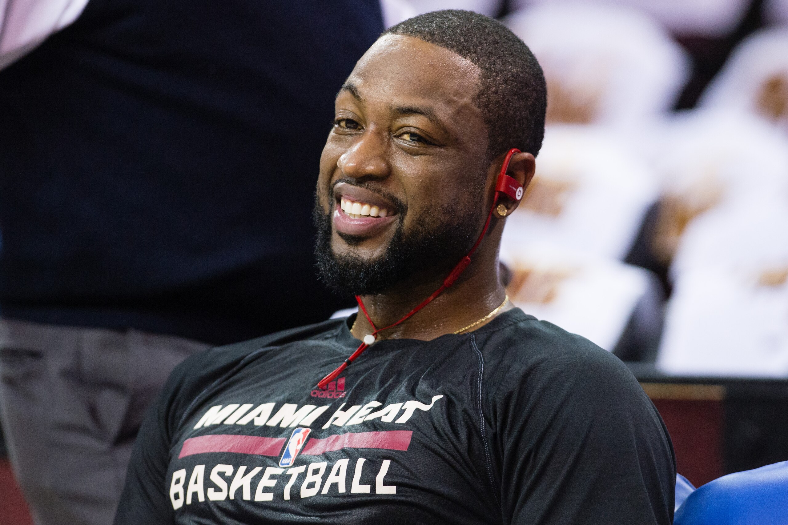 CLEVELAND, OH - FEBRUARY 11: Dwyane Wade #3 of the Miami Heat watches from the bench prior to the game against the Cleveland Cavaliers during the first half at Quicken Loans Arena on February 11, 2015 in Cleveland, Ohio. NOTE TO USER: User expressly acknowledges and agrees that, by downloading and or using this photograph, User is consenting to the terms and conditions of the Getty Images License Agreement. (Photo by Jason Miller/Getty Images)