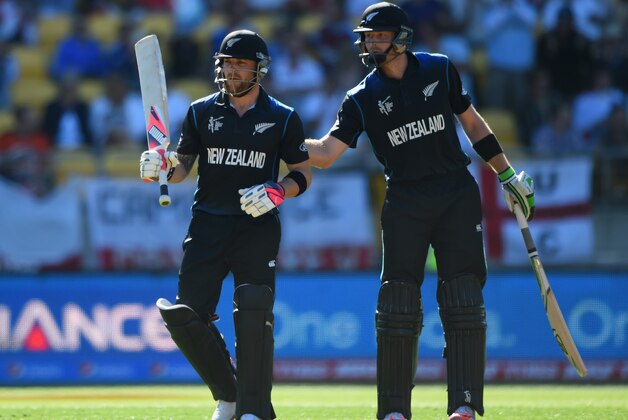 WELLINGTON, NEW ZEALAND - FEBRUARY 20:  New Zealand captain Brendon McCullum is congratulatred by team-mate Martin Guptil after reaching his 50 during the 2015 ICC Cricket World Cup match between England and New Zealand at Wellington Regional Stadium on February 20, 2015 in Wellington, New Zealand.  (Photo by Shaun Botterill/Getty Images)