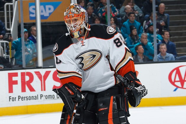 SAN JOSE, CA - JANUARY 29: Ilya Bryzgalov #80 of the Anaheim Ducks protects the net against the San Jose Sharks during an NHL game on January 29, 2015 at SAP Center in San Jose, California. (Photo by Don Smith/NHLI via Getty Images)