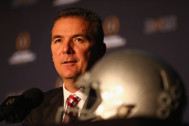 DALLAS, TX - JANUARY 11:  Head coach Urban Meyer of the Ohio State Buckeyes speaks with the media during a Head Coaches press conference at the Renaissance Dallas Hotel on January 11, 2015 in Dallas, Texas.  (Photo by Ronald Martinez/Getty Images)