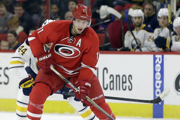 Carolina Hurricanes' Jordan Staal (11) controls the puck during the first period of an NHL hockey game against the Buffalo Sabres in Raleigh, N.C., Thursday, Jan. 8, 2015. (AP Photo/Gerry Broome)