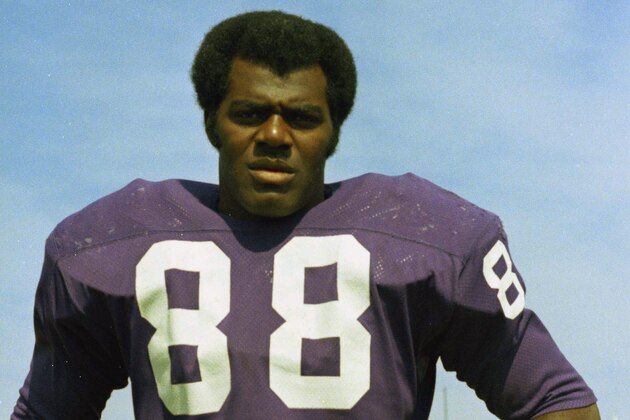 FILE - This 1973, file photo shows Minnesota Vikings football player Alan Page. From the NBA's Chris Dudley and Shawn Bradley to the NFL's Alan Page, Heath Shuler and Jon Runyan to pro wrestling's Linda McMahon, some two dozen sports figures are up for election. (AP Photo/File)