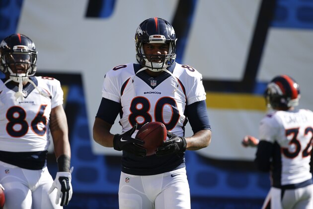 Denver Broncos tight end Julius Thomas warms up before an NFL football game against the San Diego Chargers Sunday, Dec. 14, 2014, in San Diego. (AP Photo/Lenny Ignelzi)