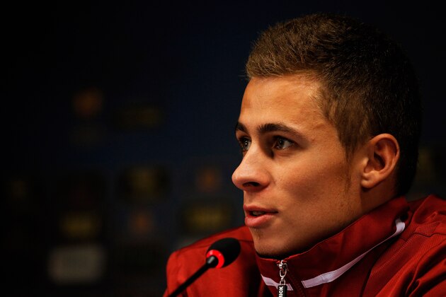 BRUSSELS, BELGIUM - SEPTEMBER 18:  Thorgan Hazard speaks to the media during the SV Zulte Waregem Press Conference prior to the Europa League match between SV Zulte Waregem and Wigan Athletic at the Jan Breydelstadium on September 18, 2013 in Brussels, Belgium.  (Photo by Dean Mouhtaropoulos/Getty Images)