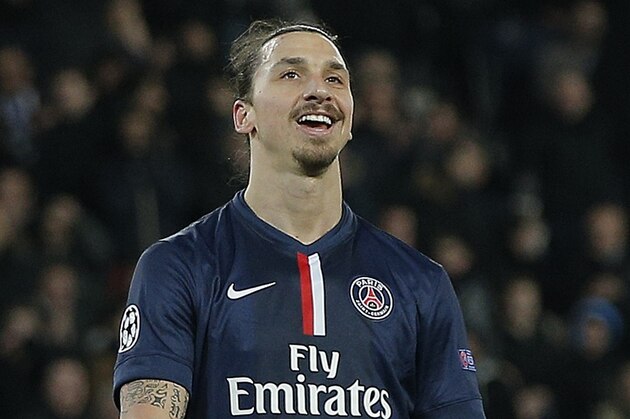PSG's Zlatan Ibrahimovic reacts after going close to scoring during the Champions League round of 16 first leg soccer match between Paris Saint Germain and Chelsea at the Parc des Princes stadium in Paris, France, Tuesday, Feb. 17, 2015. (AP Photo/Christophe Ena)