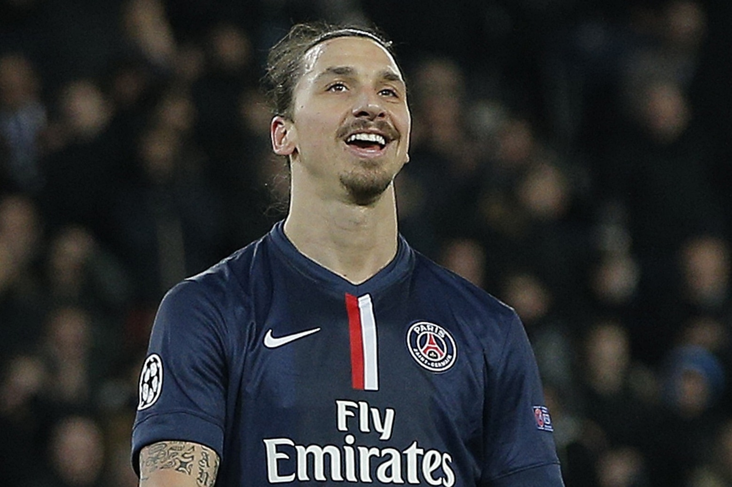 PSG's Zlatan Ibrahimovic reacts after going close to scoring during the Champions League round of 16 first leg soccer match between Paris Saint Germain and Chelsea at the Parc des Princes stadium in Paris, France, Tuesday, Feb. 17, 2015. (AP Photo/Christophe Ena)