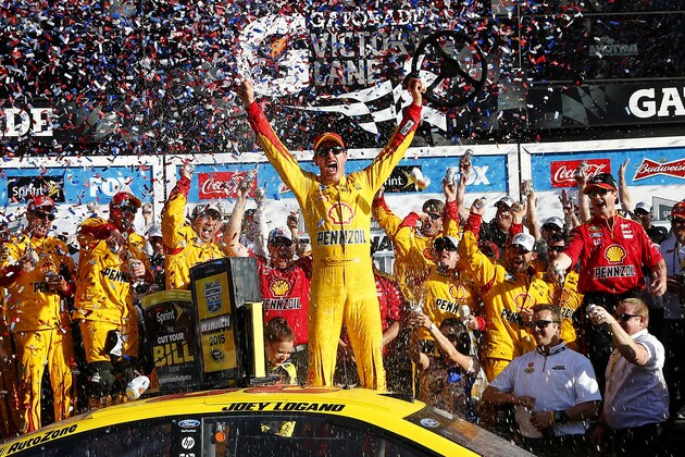 DAYTONA BEACH, FL - FEBRUARY 22:  Joey Logano, driver of the #22 Shell Pennzoil Ford, celebrates in victory lane after winning the NASCAR Sprint Cup Series 57th Annual Daytona 500 at Daytona International Speedway on February 22, 2015 in Daytona Beach, Florida.  (Photo by Jerry Markland/Getty Images)