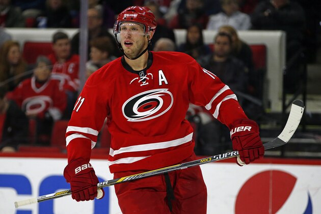 Carolina Hurricanes' Jordan Staal (11) returns to the ice following a 35 game absence due to injury during the first period of an NHL hockey game against the Montreal Canadiens in Raleigh, N.C., Monday, Dec. 29, 2014. (AP Photo/Karl B DeBlaker)