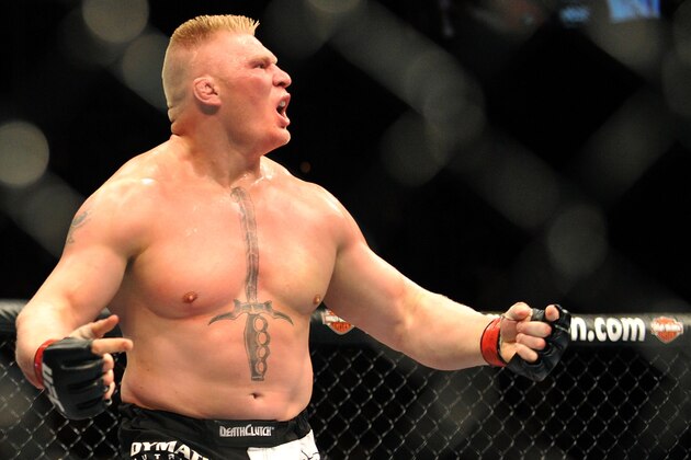 LAS VEGAS - JULY 11:  Brock Lesnar reacts after knocking out Frank Mir during their heavyweight title bout during UFC 100 on July 11, 2009 in Las Vegas, Nevada.  (Photo by Jon Kopaloff/Getty Images)