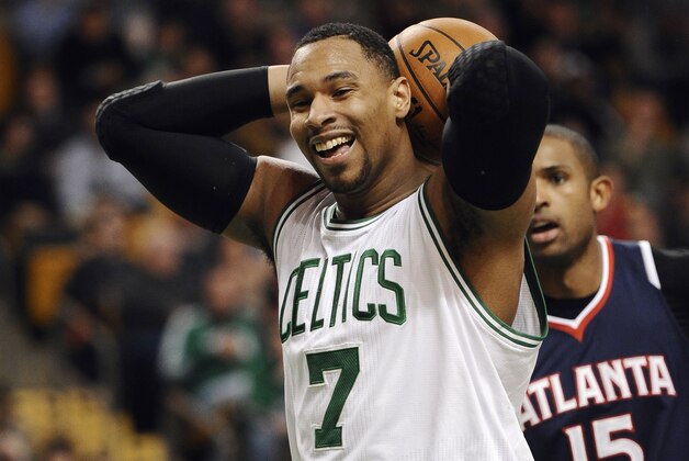 Boston Celtics’ Jared Sullinger reacts during the second half of an NBA basketball game against the Atlanta Hawks, Wednesday, Feb. 11, 2015, in Boston. The Celtics won 89-88. (AP Photo/Jessica Hill)