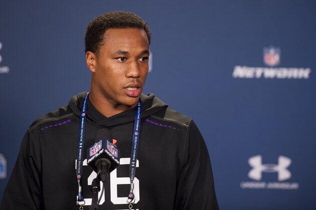 Washington defensive back Marcus Peters talks with reporters during a news conference at the NFL football scouting combine at Lucas Oil Stadium in Indianapolis, Saturday, Feb. 21, 2015. (AP Photo/Doug McSchooler)