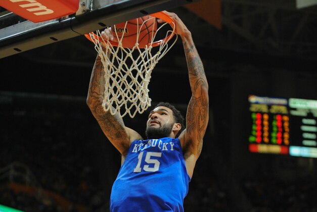 Feb 17, 2015; Knoxville, TN, USA; Kentucky Wildcats forward Willie Cauley-Stein (15) dunks the ball against the Tennessee Volunteers during the second half at Thompson-Boling Arena. Mandatory Credit: Randy Sartin-USA TODAY Sports