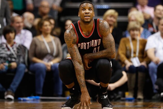 PHOENIX, AZ - JANUARY 21:  Thomas Robinson #41 of the Portland Trail Blazers reacts during the second half of the NBA game against the Phoenix Suns at US Airways Center on January 21, 2015 in Phoenix, Arizona. The Suns defeated the Trail Blazers 118-113. NOTE TO USER: User expressly acknowledges and agrees that, by downloading and or using this photograph, User is consenting to the terms and conditions of the Getty Images License Agreement.  (Photo by Christian Petersen/Getty Images)