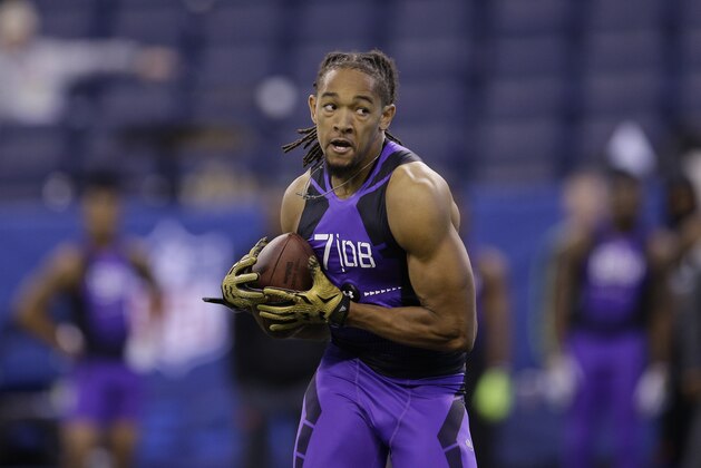 LSU defensive back Jalen Collins runs a drill at the NFL football scouting combine in Indianapolis, Monday, Feb. 23, 2015. (AP Photo/David J. Phillip)